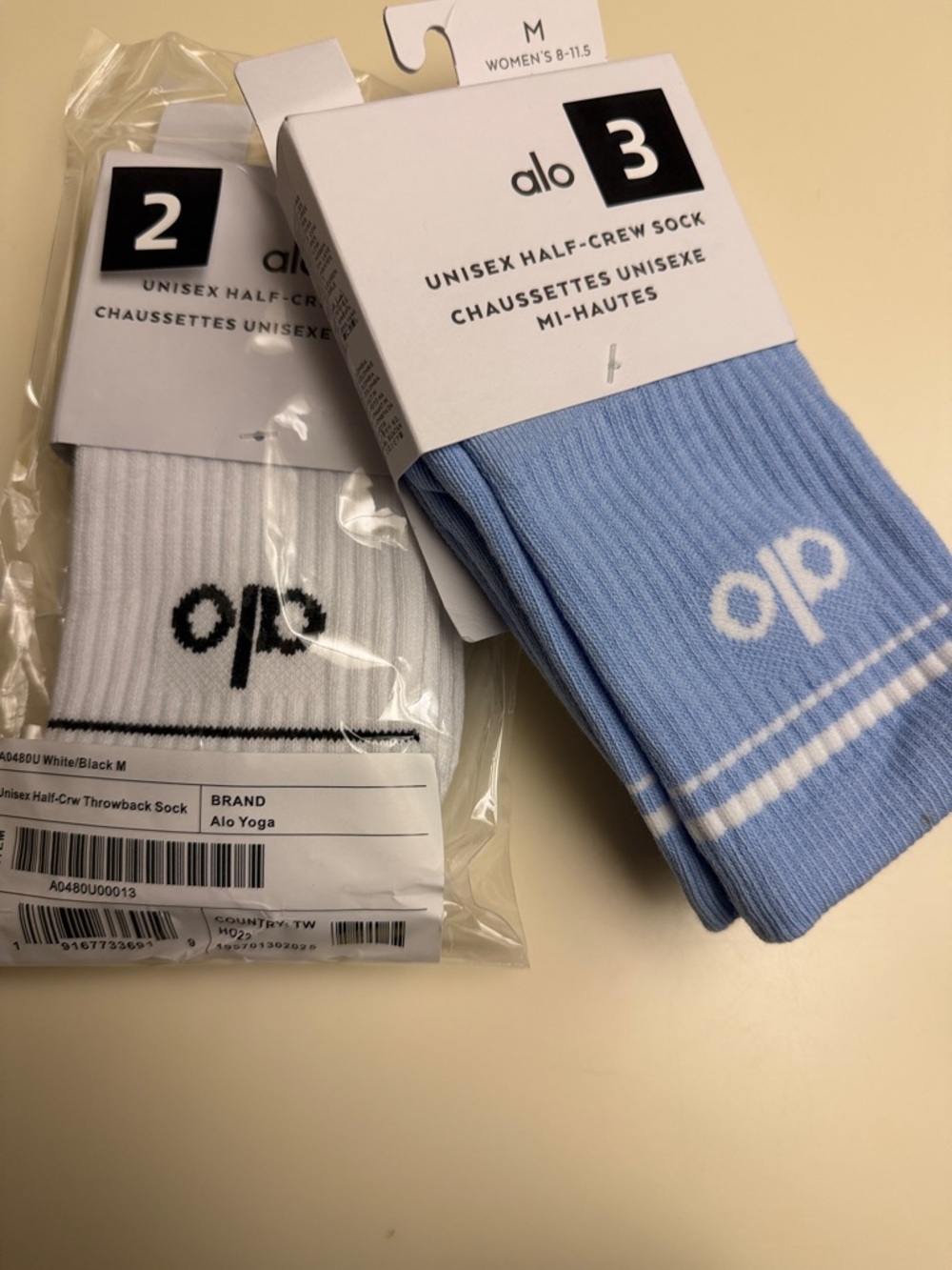 ALO Yoga Unisex Half-Crew Socks - 2 Pair - White & Light Blue